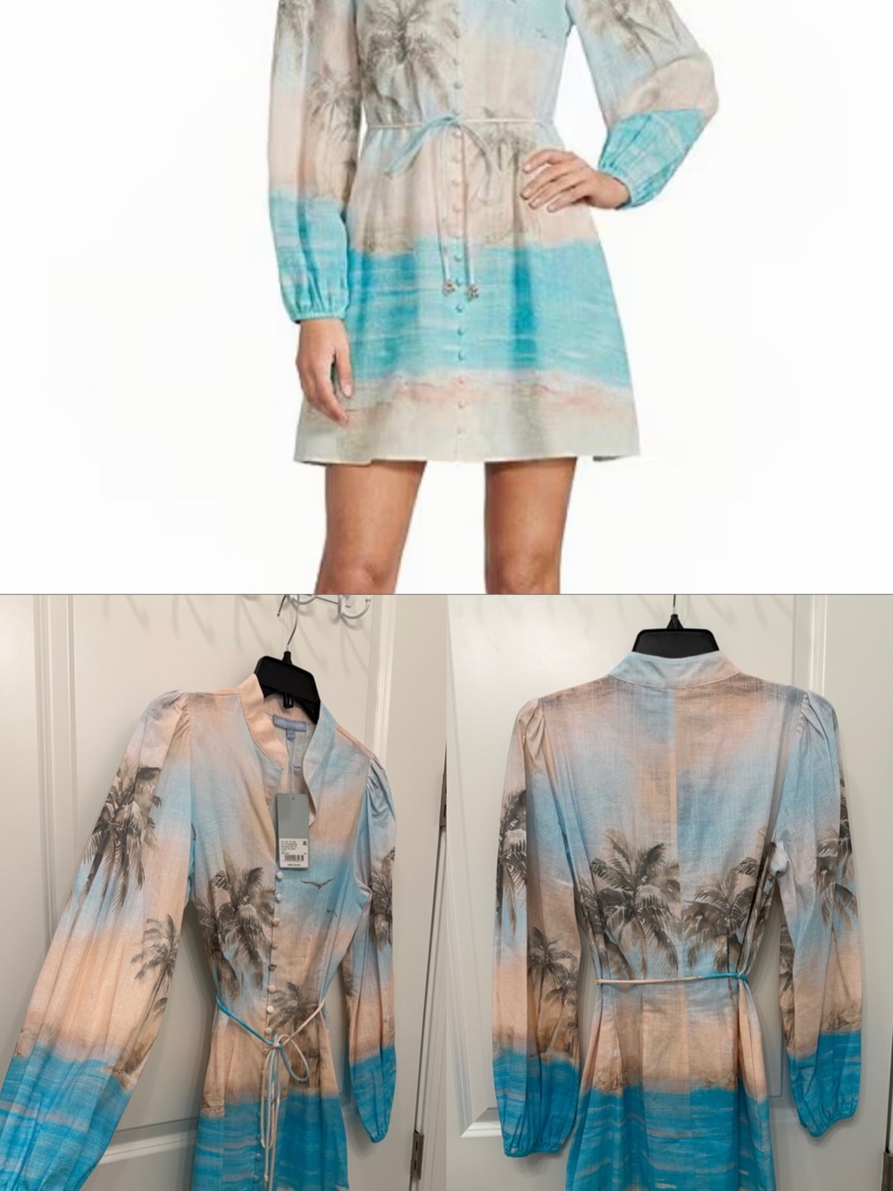 ANTONIO MELANI Blue & Cream Palm-Print Tie-Waist Mini Dress